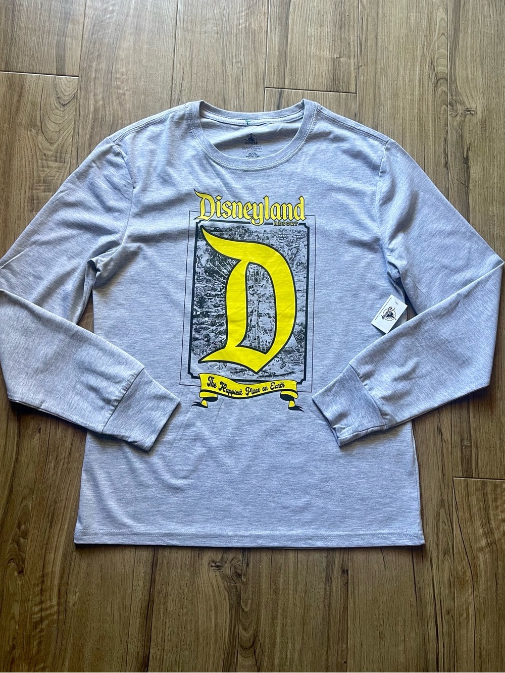 Long Sleeve Gray Disney Tee with Yellow 'D' And Happiest Place On Earth Graphic